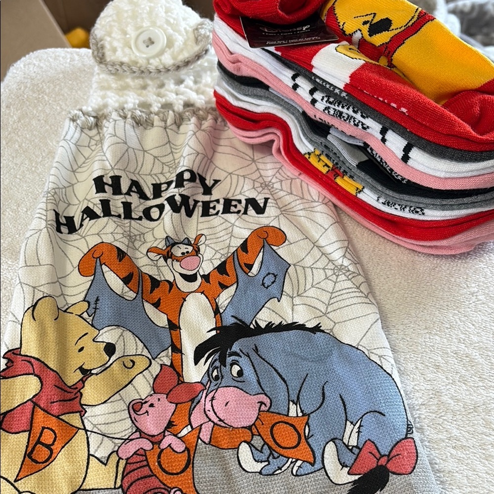 Disney Halloween Towel and 9 Pair Sock Set with Red and Yellow Accents Pooh